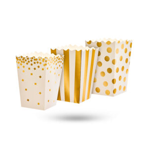 gold and white popcorn boxes