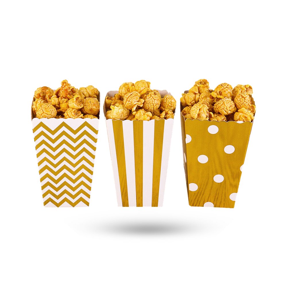 gold and white popcorn boxes